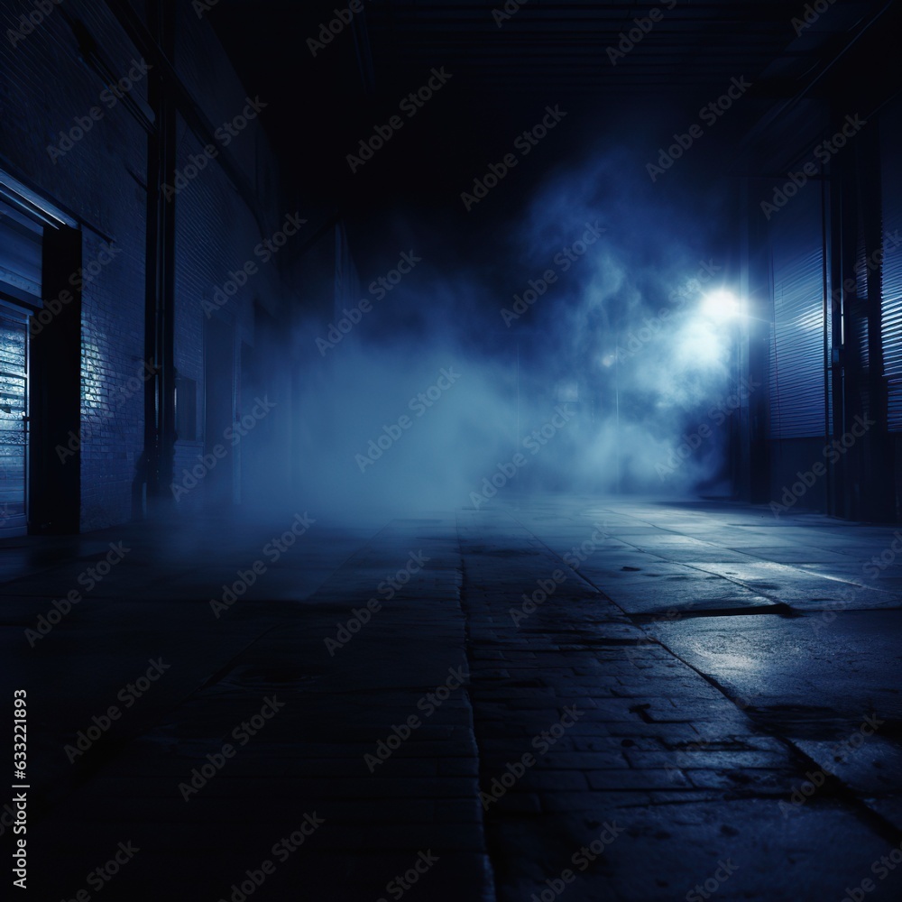 Moody dark industrial background with fog, smoke, blue lights. For product presentation.
