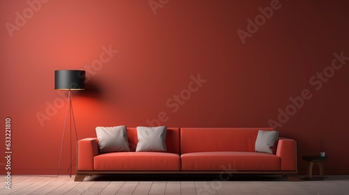 Clean minimalist sofa, with a background on the wall with volumetric randon rgb design, 8k, qhd, sofa interior design, with 3 pictures Mockup,