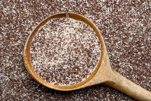 Food background. Fiber of seeds of Psyllium plantain and plantago ovata. photo