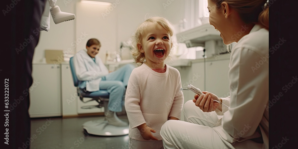 back side dentist holding a equipment and Children's dentistry and hand doctor. Live funny photo of a child who laughs at the dentist's appointment and looks away.generative ai back side dentist holding a equipment and Children's dentistry and hand doctor. Live funny photo of a child who laughs at the dentist's appointment and looks away.generative ai