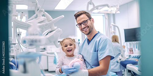 back side dentist holding a equipment and Children's dentistry and hand doctor. Live funny photo of a child who laughs at the dentist's appointment and looks away.generative ai photo