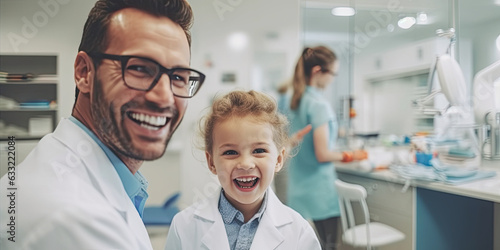 back side dentist holding a equipment and Children's dentistry and hand doctor. Live funny photo of a child who laughs at the dentist's appointment and looks away.generative ai