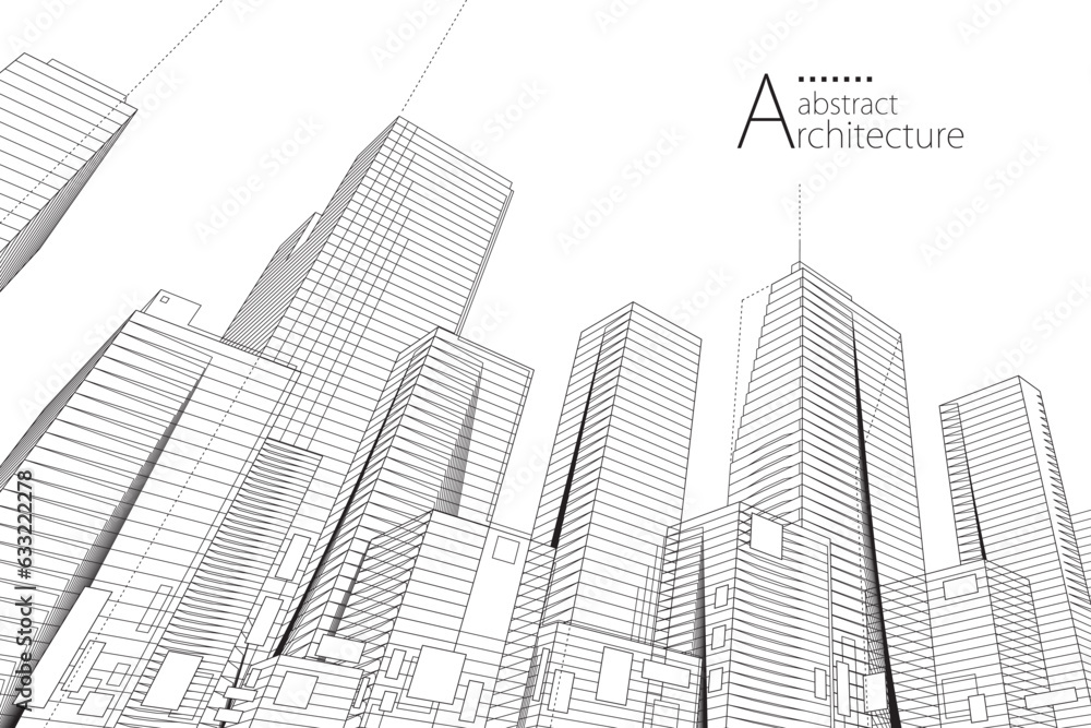 3D illustration abstract modern urban building out-line black and white drawing of imagination architecture building construction perspective design. 3D illustration abstract modern urban building out-line black and white drawing of imagination architecture building construction perspective design.