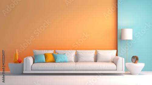 Minimalist clean sofa  with a background on the wall with randon rgb volumetric design  8k  qhd  sofa interior design 
