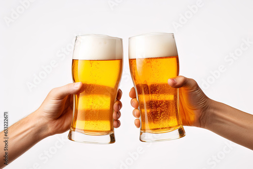 Hands toasting with glasses of beer isolated on white background