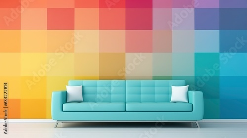 Minimalist clean sofa  with randon rgb pattern wall background  sofa interior design 