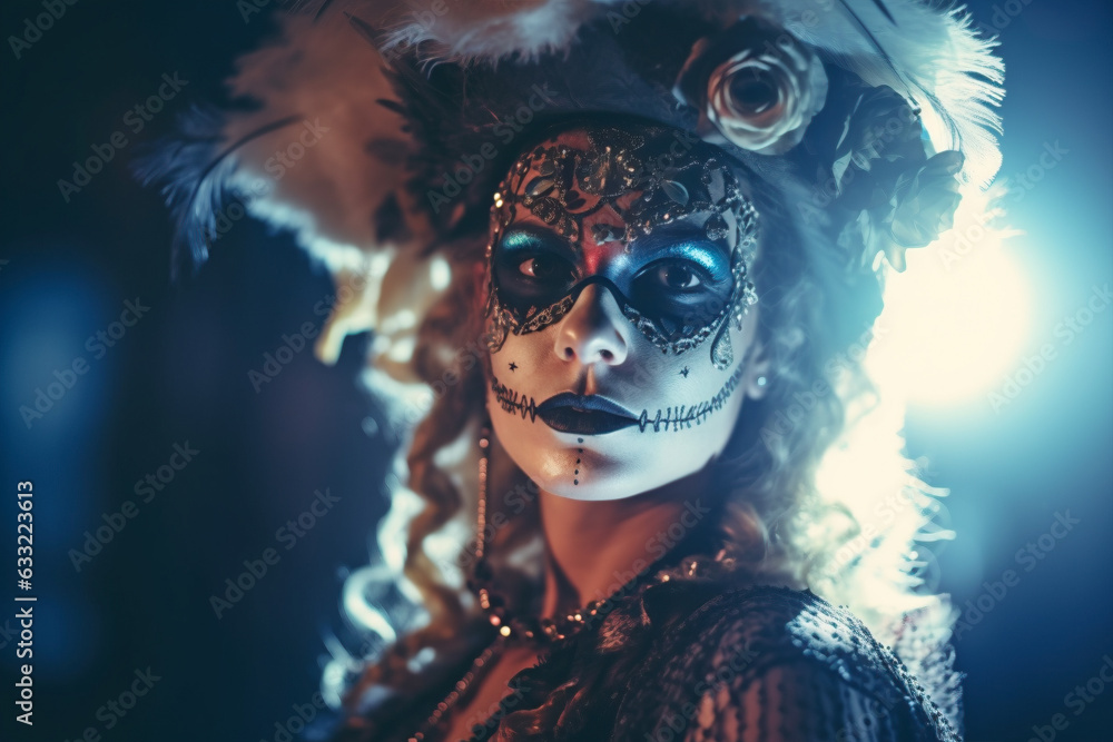 Woman with Halloween Dia de los Muertos costume face paint