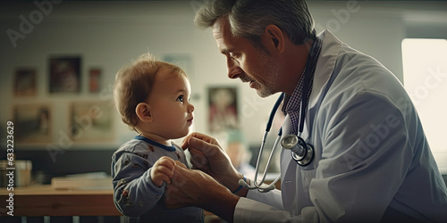 Doctor performing a baby's physical examination with stethoscope