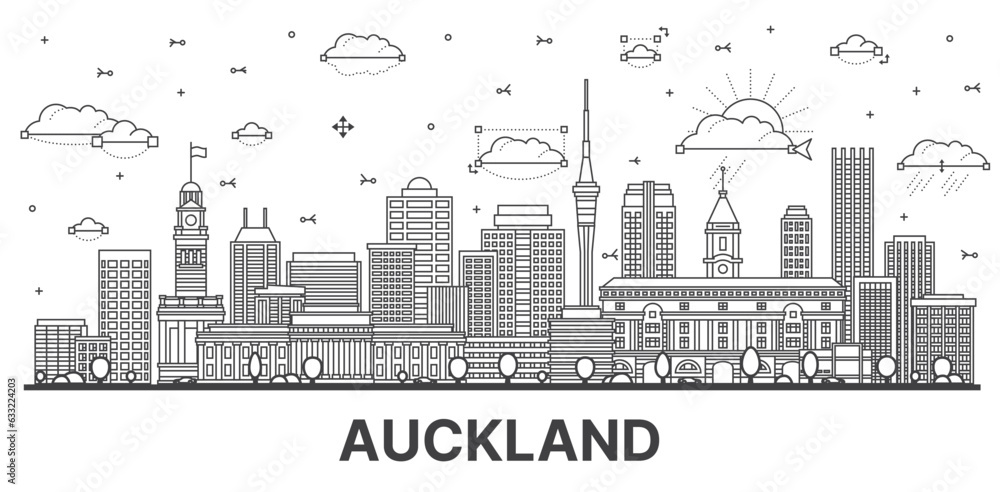 Outline Auckland New Zealand city skyline with modern and historic buildings isolated on white.