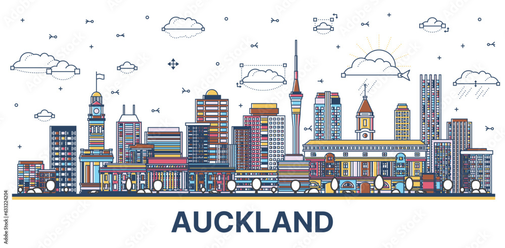 Outline Auckland New Zealand city skyline with colored modern and historic buildings isolated on white.