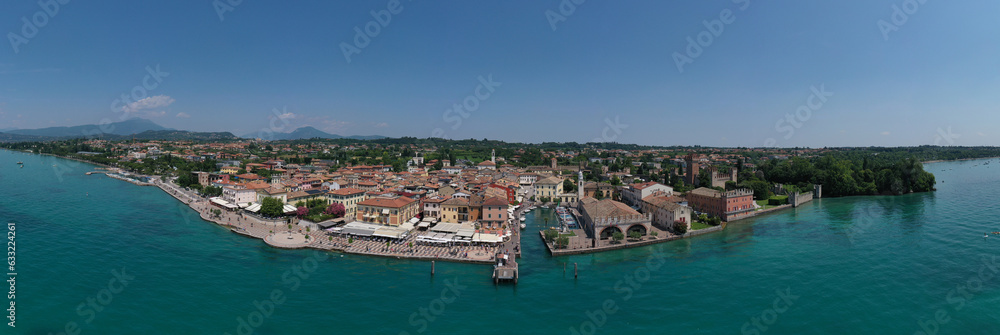 Lazise on Lake Garda in Italy, aerial view. Aerial panorama of the popular resort, Lazise on Lake Garda. Sights of Italy. Historic city on Lake Garda.