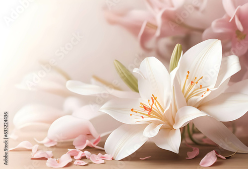 Soft Petal Elegance Lilies in Blurred Form with Text Area - A Mockup Template for a Blossoming and Radiant Visual Display Generative AI