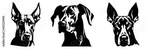 Vector group of simple black and white illustration of doberman pinscher dogs head. Pet Animals. black and white vector design set
 