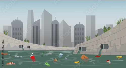 river water pollution in the middle of the city vector illustration, polluted river vector illustration, environmental damage