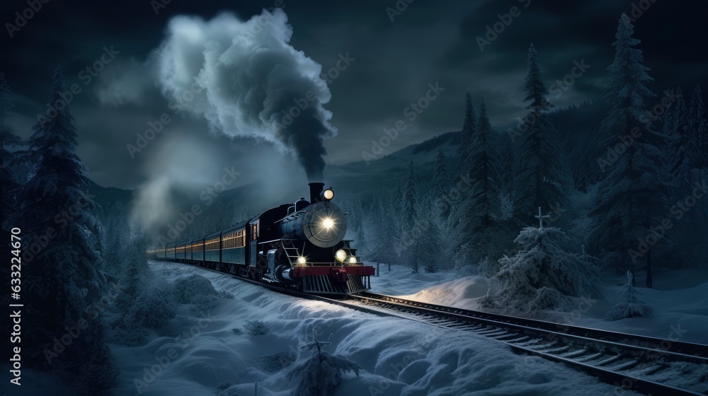 Fototapeta premium Polar express train with smoking locomotive drives through snow-covered forest,