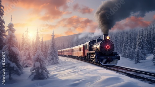  Polar express train with smoking locomotive drives through snow-covered forest,