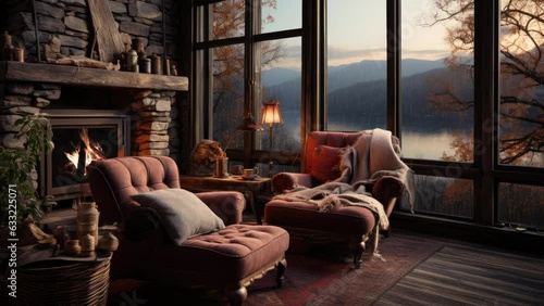 Cosy, warm living room with a burning fireplace with rain outside the window. The concept of rest and relaxation