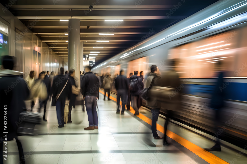 Fototapeta premium Busy subway station with blurry people around train station during rush hour. Public transport people travel commute city urban concept