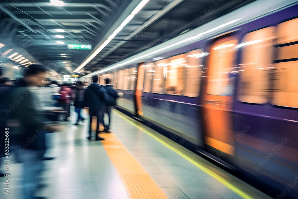 Busy subway station with blurry people around train station during rush hour. Public transport people travel commute city urban concept Busy subway station with blurry people around train station during rush hour. Public transport people travel commute city urban concept