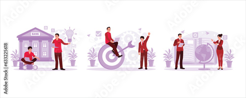 Consult bank problems, consult business goals, book windows to the world. Professional consulting, Research, and recommendation concept. Set Trend Modern vector flat illustration