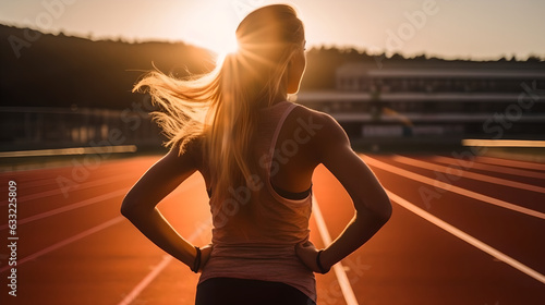 Young and fit woman running alone on track stadium. beautiful young female athlete running on running track back view on blur background