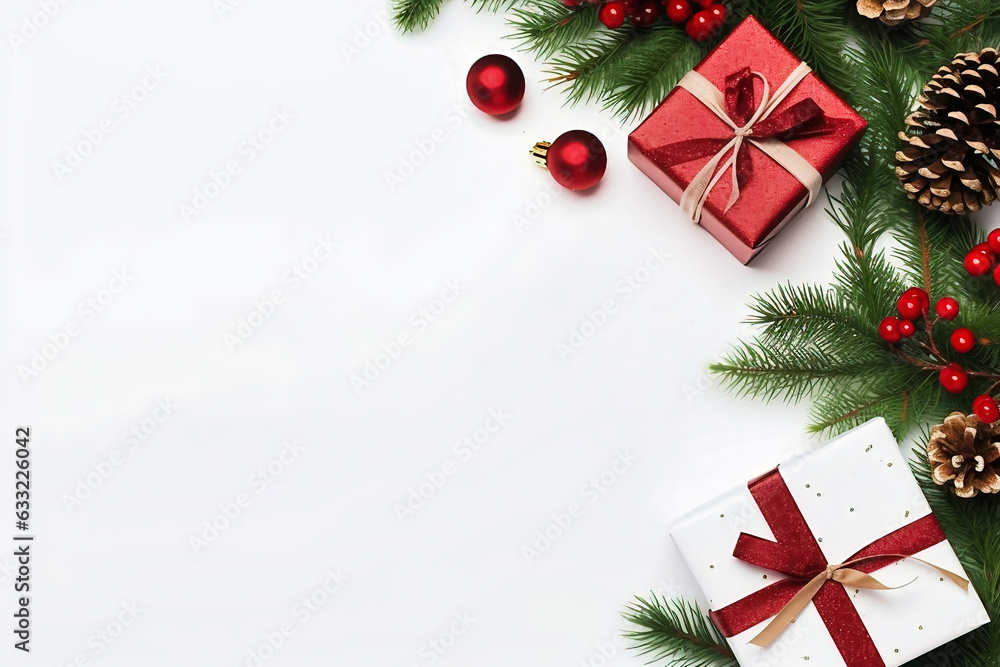 Gift boxes and Christmas decorations on a white background. Christmas tree branches and cones. Festive frame for a greeting card. Space for copy. Gift boxes and Christmas decorations on a white background. Christmas tree branches and cones. Festive frame for a greeting card. Space for copy.