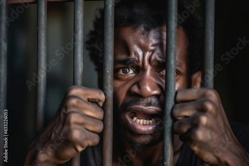 African American man stands behind prison cell bars and looks at camera. Prisoner serves imprisonment term in jail. Criminal in correctional facility or detention center. portrait. photo