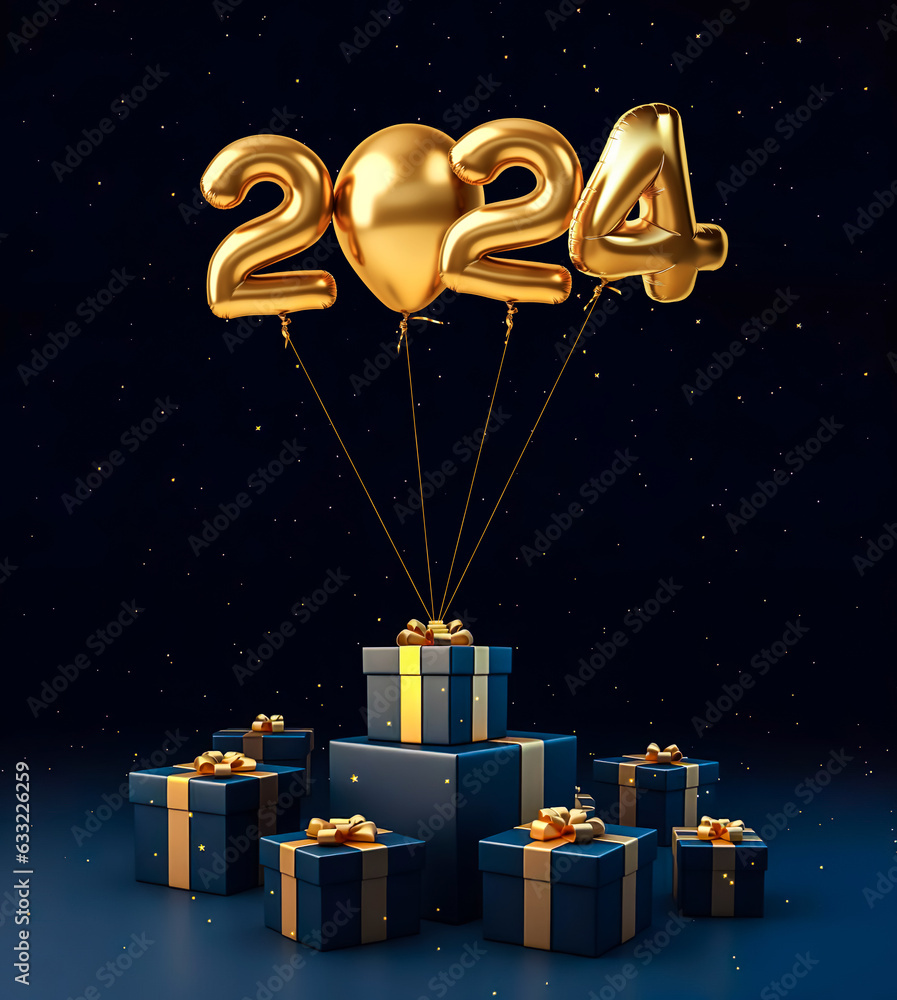 2024 happy new year,or festival celebration with golden prop balloon and gift box present,ornament on color background.generative ai technology 2024 happy new year,or festival celebration with golden prop balloon and gift box present,ornament on color background.generative ai technology