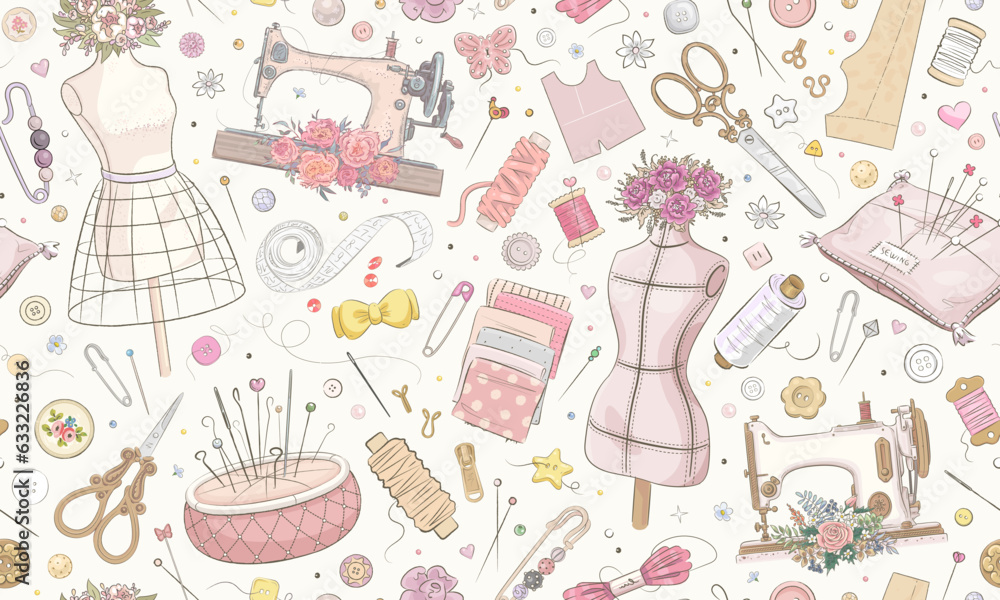Seamless pattern with hand drawn sewing elements. Hand made wallpaper. Sewimg tools. Seamstress atelier tailoring background. Retro style. Vector illustration Seamless pattern with hand drawn sewing elements. Hand made wallpaper. Sewimg tools. Seamstress atelier tailoring background. Retro style. Vector illustration