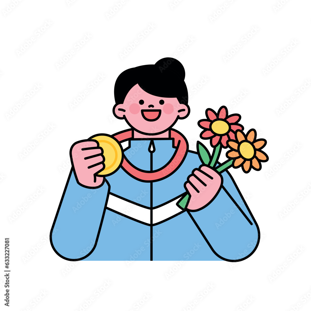 An athlete rejoices with a gold medal around his neck and a flower in one hand. An athlete rejoices with a gold medal around his neck and a flower in one hand.