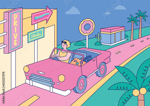 summer vacation car trip. A woman in a convertible is driving down a funky road with neon signs.