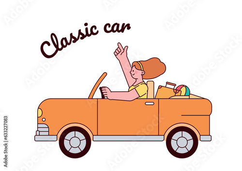 summer vacation car trip. Woman traveling in classic convertible car.