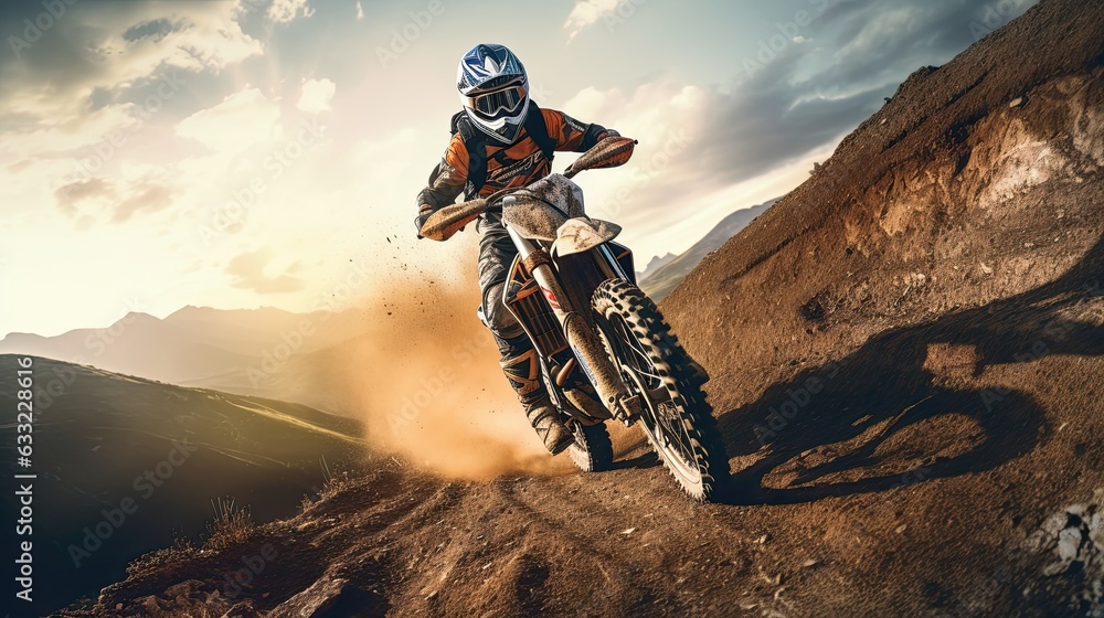 Naklejka premium Motocross rider on a motorcycle extreme sports driving on mountain hills