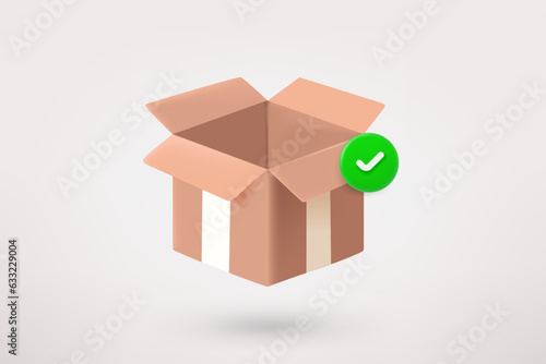 Opened postage box with green checkmark. 3d vector icon