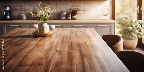 interior with table, Wood table top with a background of a kitchen room in blur for montage product presentation