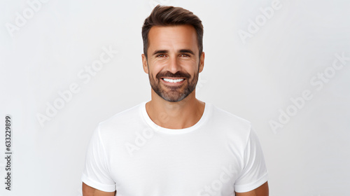  portrait of an caucasian male model with short black hair isolated against a white background