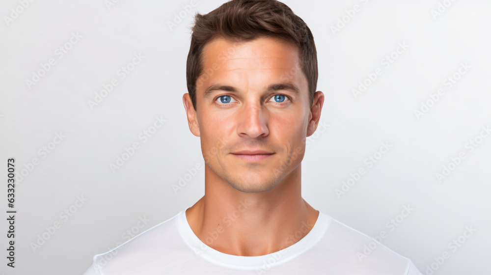 portrait of an caucasian male model with short black hair isolated against a white background portrait of an caucasian male model with short black hair isolated against a white background