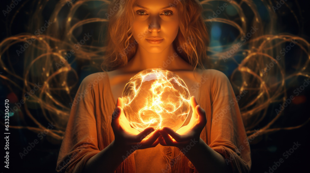 Concept of magical power. magic in hands. ball of light in the hands of the girl. flash of light on dark background - obrazy, fototapety, plakaty 