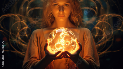 Concept of magical power. magic in hands. ball of light in the hands of the girl. flash of light on dark background