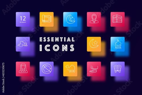 Religion line icon. Quran, islam, veil, carpet, namaz, mosque, halal, sharia. Glassmorphism style. Vector line icon for Business