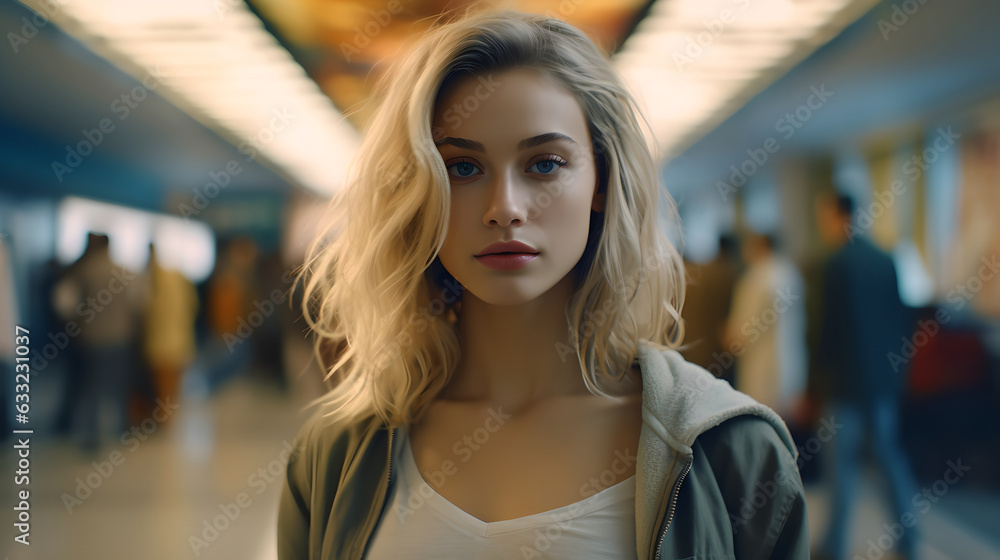 Portrait of beautiful woman model on subway station waiting for train. Young woman with blond haired looking at camera with blurred subway station background