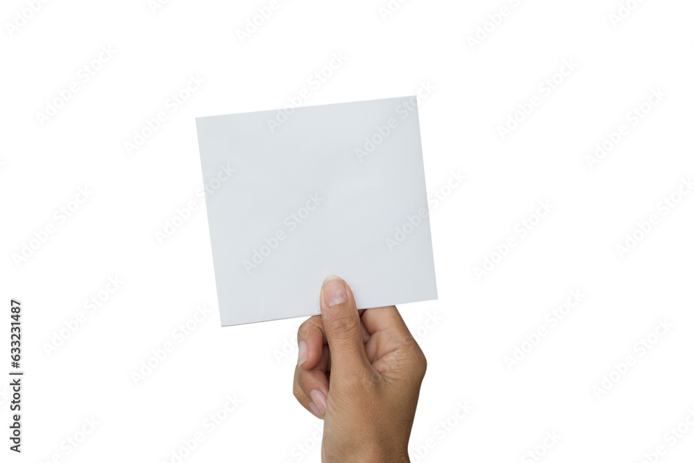 Fototapeta premium Note Paper Isolated on white background, hand Woman holding Blank Memo Post List Vintage Old Sheet Notebook Massage Letter Page Frame, Empty Notepad Card Tape Torn Ripped Business Space for Write Text