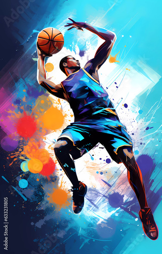 A basketball player dressed in a T-shirt and shorts throws the ball, graffiti style image.