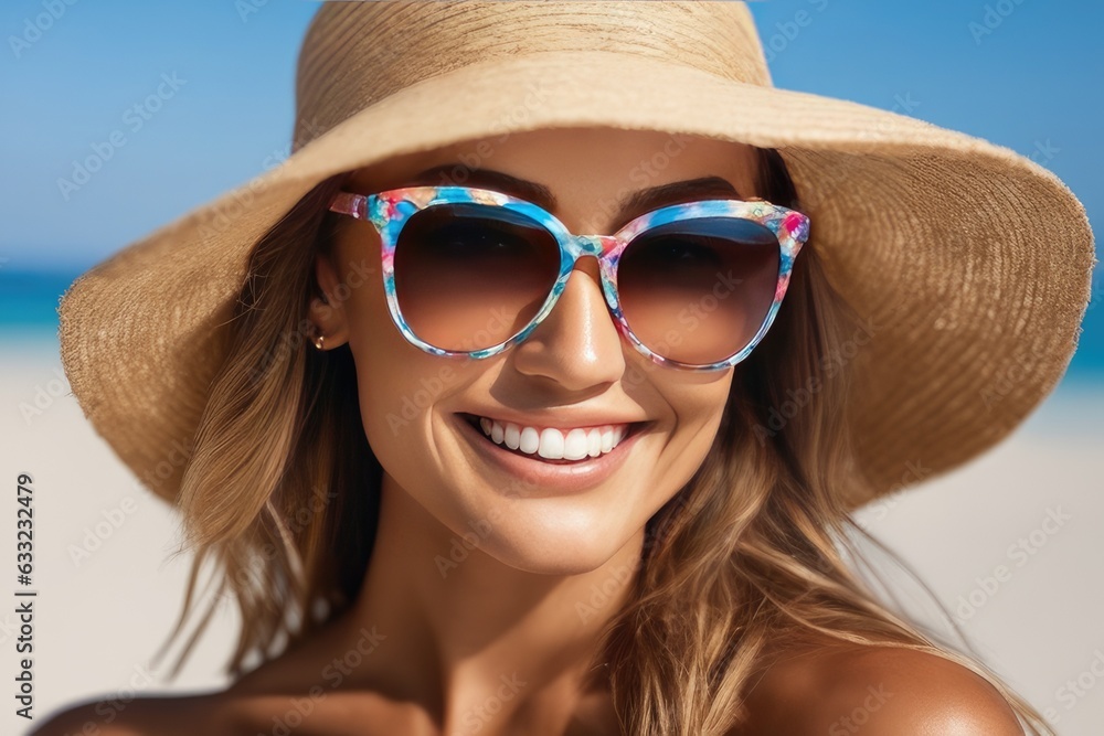 portrait of a woman wearing sunglasses and hat on beach portrait of a woman wearing sunglasses and hat on beach