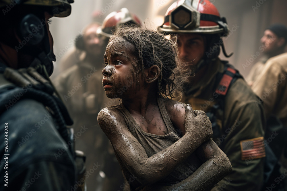 Fototapeta premium Rescuers help people who are in trouble. Lifeguards are brave. Rescue unit, emergency responders. Saving lives and health of people in crisis situations. Crash and emergency work. first aid.