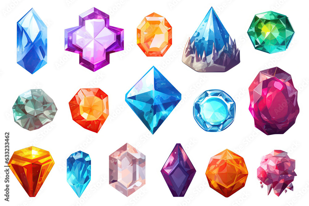 Set Of Crystals, Gemstones And Diamonds On White Background D. Generative AI Set Of Crystals, Gemstones And Diamonds On White Background D. Generative AI