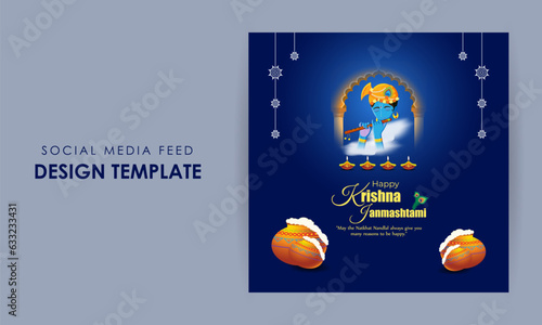 Vector illustration of Happy Krishna Janmashtami social media feed mockup template photo