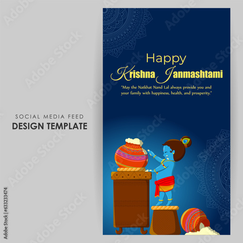 Vector illustration of Happy Krishna Janmashtami social media feed mockup template