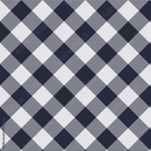 Seamless diagonal pixel plaid and checkered patterns in dark blue and white for textile design. Pixel plaid pattern with square shapes graphic background for a fabric print. Vector design.