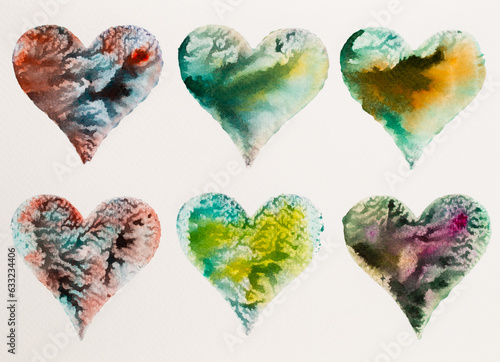 Watercolor painted pink heart, on the white watercolor paper.